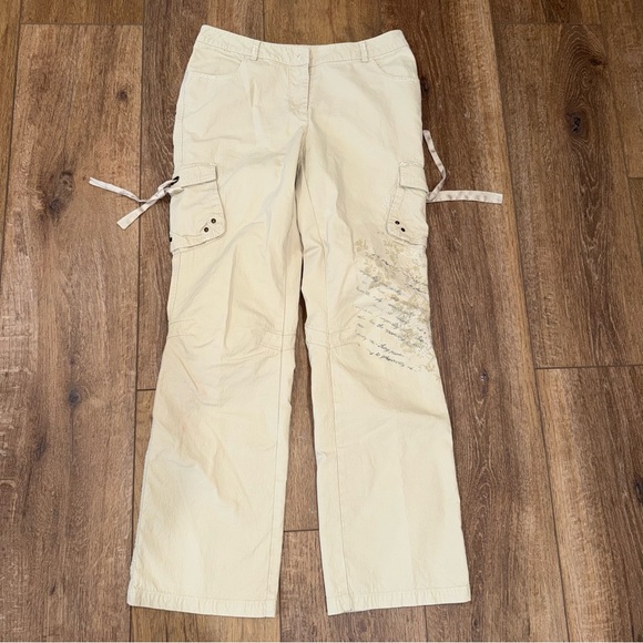 White House Black Market Pants - White House Black Market Embroidered Beige Cargo Pants with Side Ties Size 8